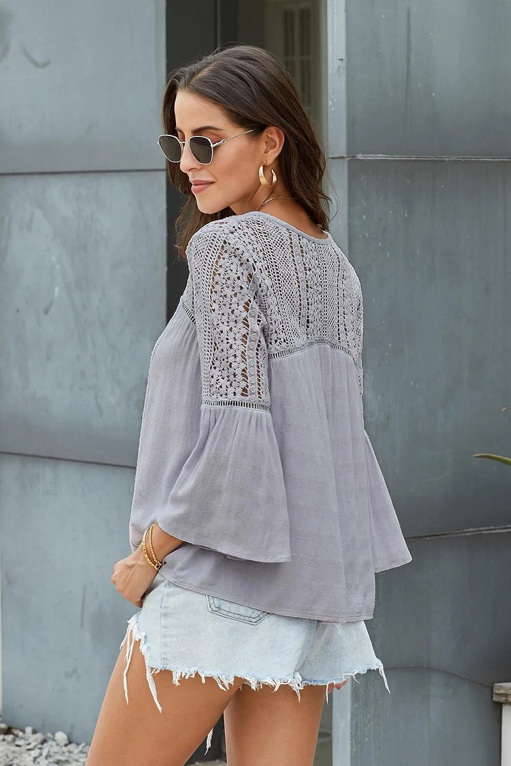 Bohemian Flare Sleeve Spliced Lace V-Neck Shirt