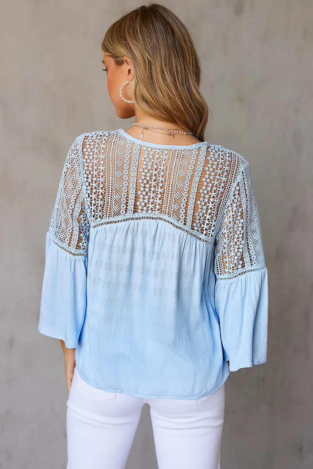 Bohemian Flare Sleeve Spliced Lace V-Neck Shirt