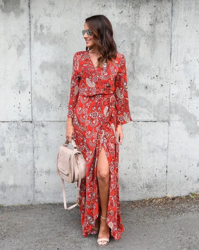 Bohemian Floral Long Sleeve V-neck Chiffon Long Dress