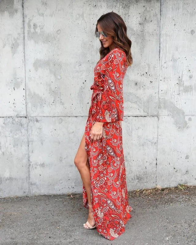 Bohemian Floral Long Sleeve V-neck Chiffon Long Dress