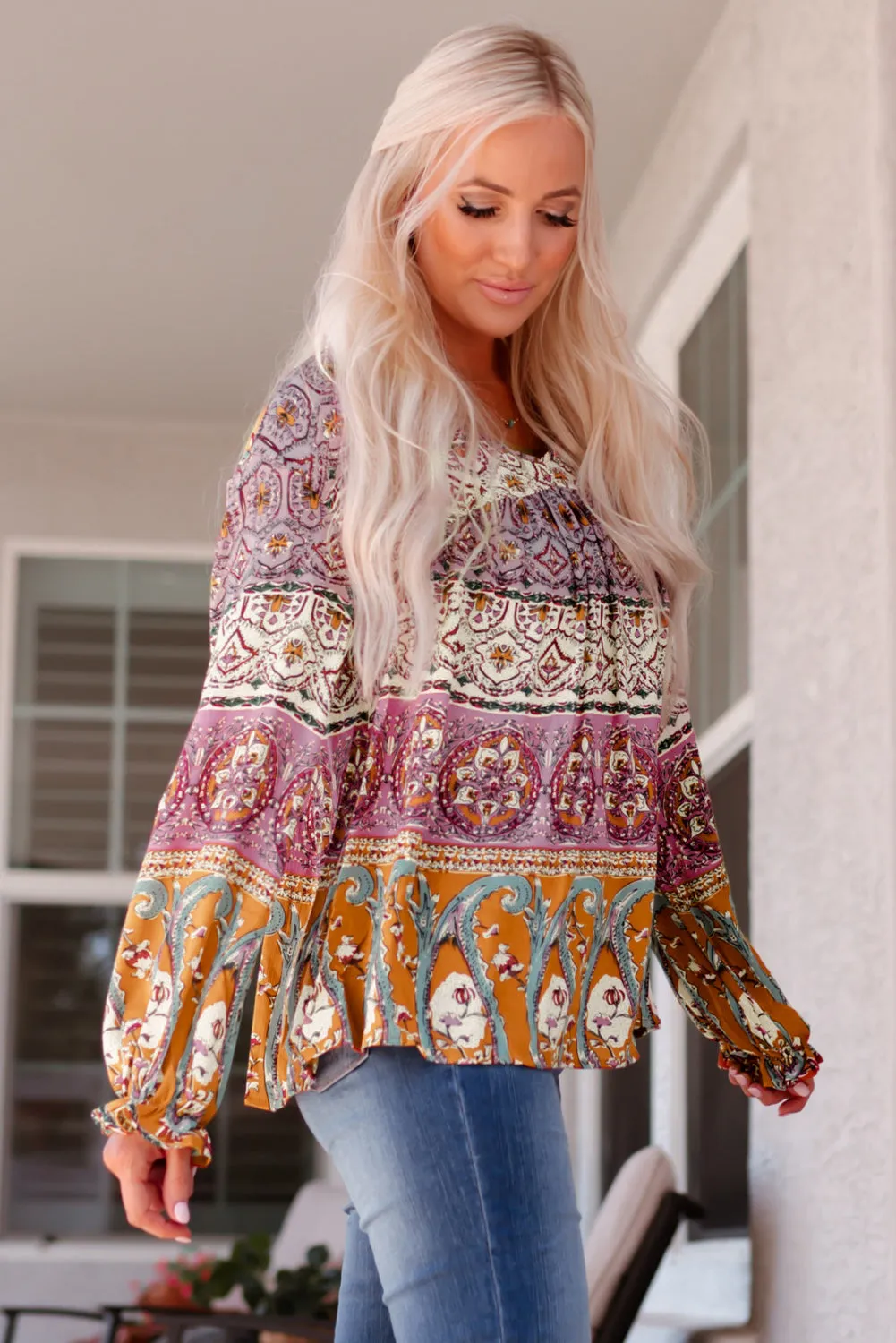 Bohemian Long Flounce Sleeve V-Neck Blouse