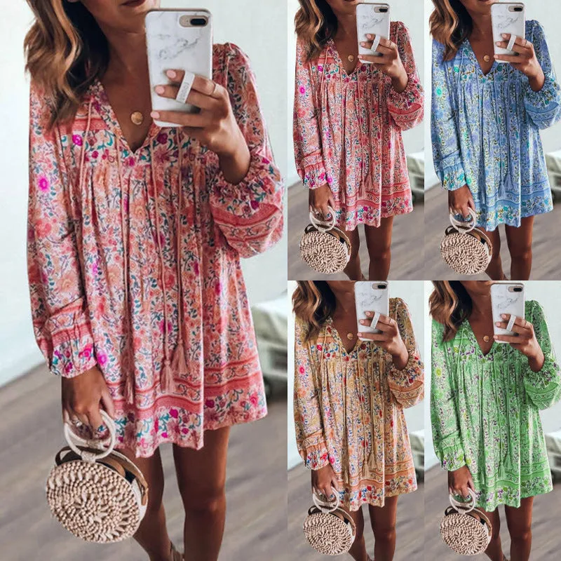 Bohemian Long Sleeve Cotton V Neck Floral Women Dresses