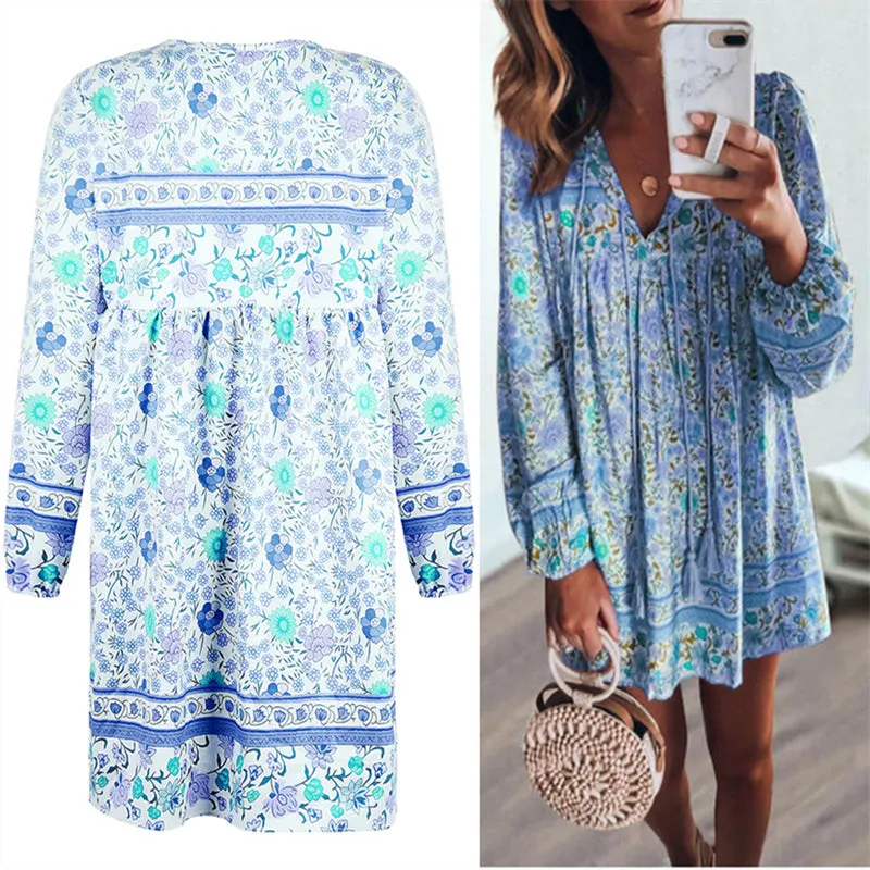 Bohemian Long Sleeve Cotton V Neck Floral Women Dresses