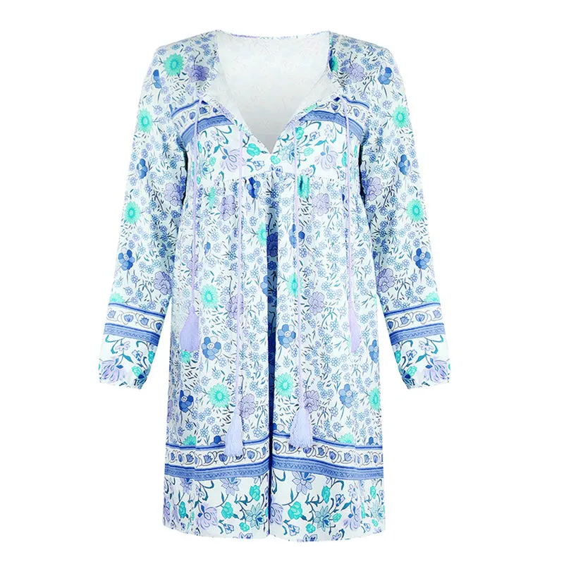 Bohemian Long Sleeve Cotton V Neck Floral Women Dresses