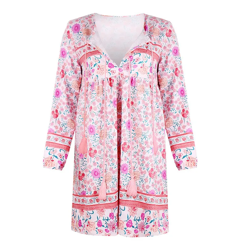 Bohemian Long Sleeve Cotton V Neck Floral Women Dresses