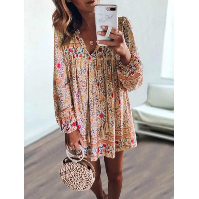 Bohemian Long Sleeve Cotton V Neck Floral Women Dresses