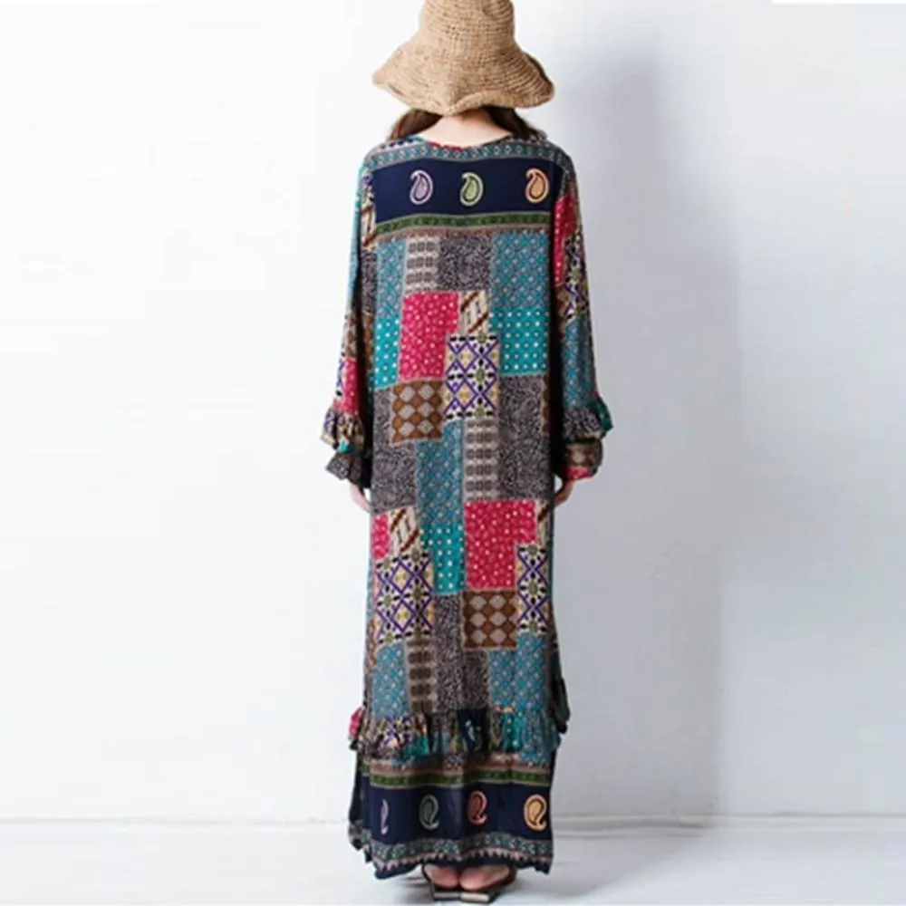 Bohemian Lotus Leaf Long Sleeve Print Loose Long Dress