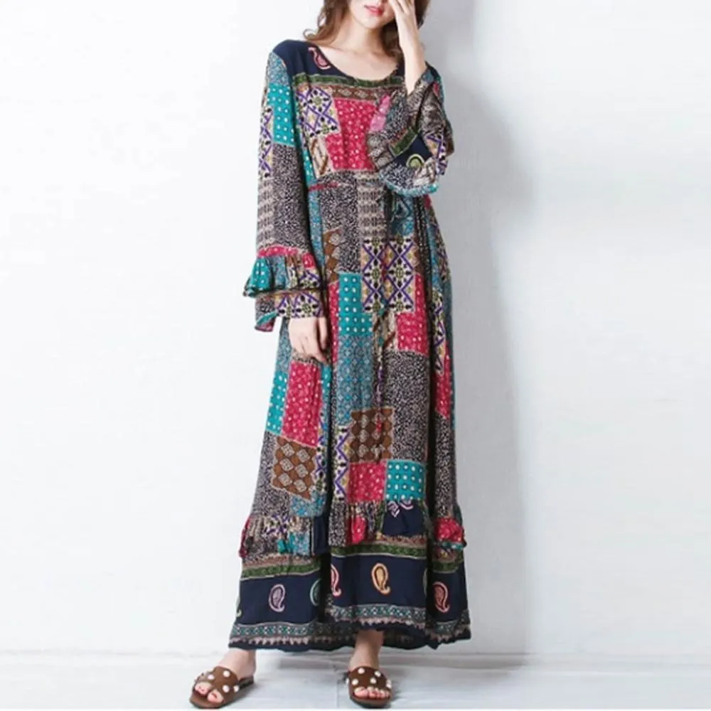 Bohemian Lotus Leaf Long Sleeve Print Loose Long Dress