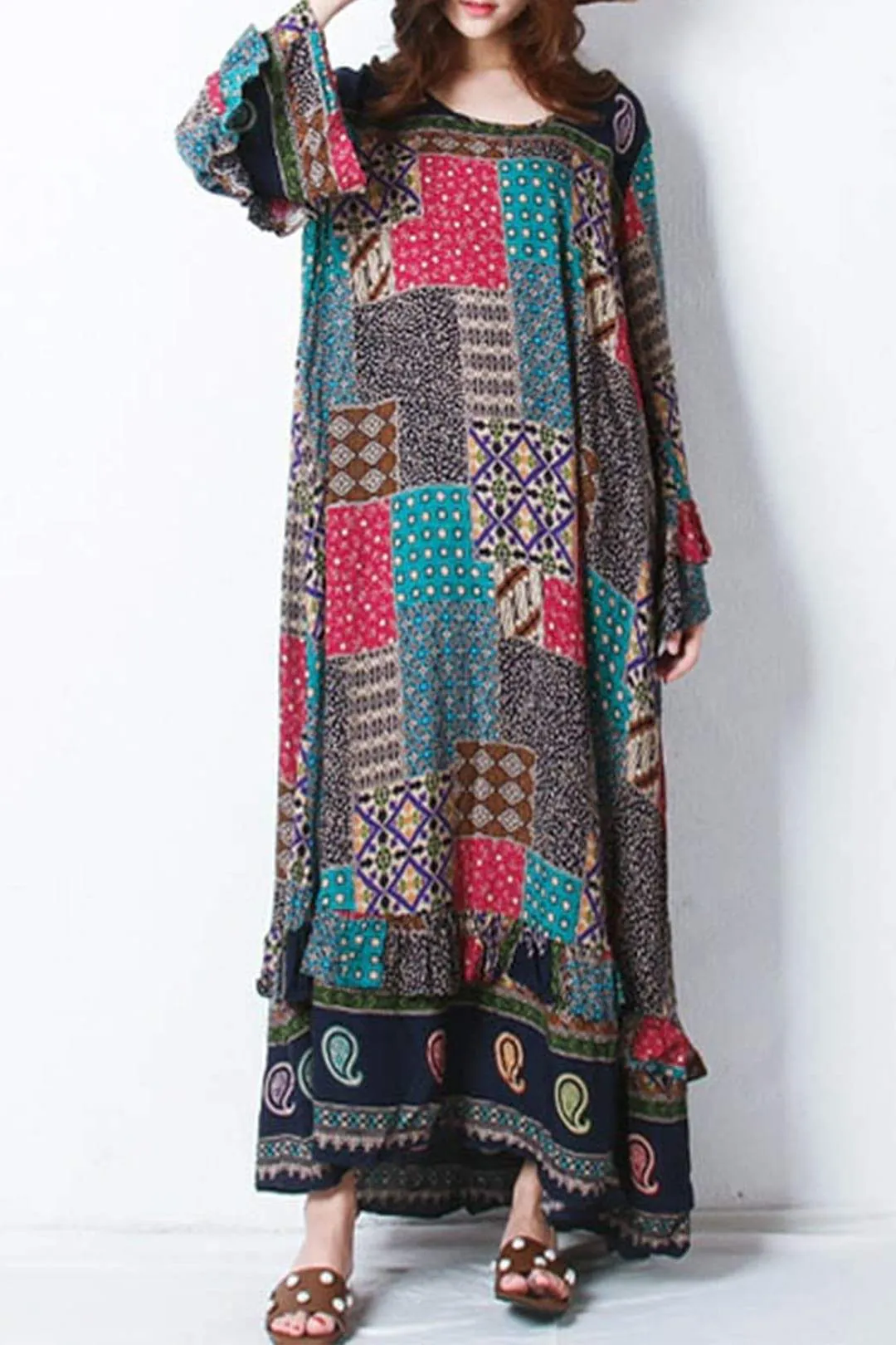 Bohemian Lotus Leaf Long Sleeve Print Loose Long Dress