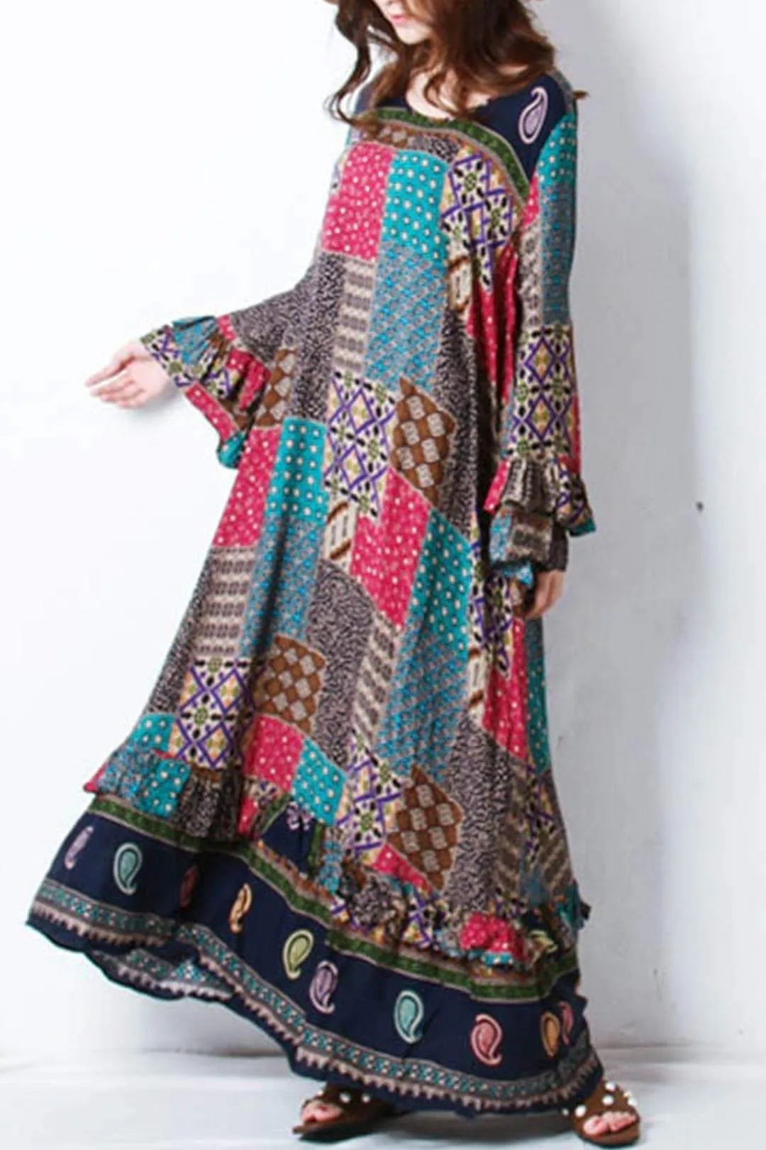 Bohemian Lotus Leaf Long Sleeve Print Loose Long Dress