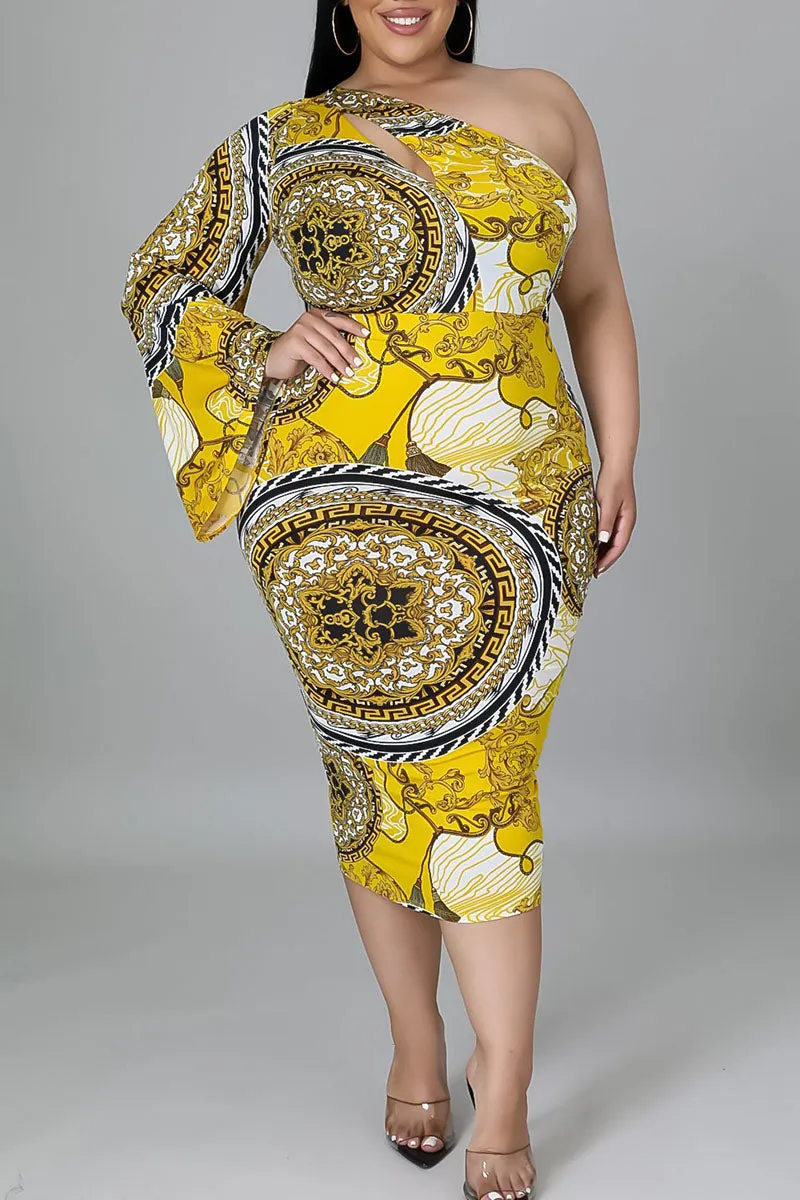 Bohemian Print Hollowed Out Split Joint Asymmetrical Oblique Collar One Step Skirt Plus Size Dresses