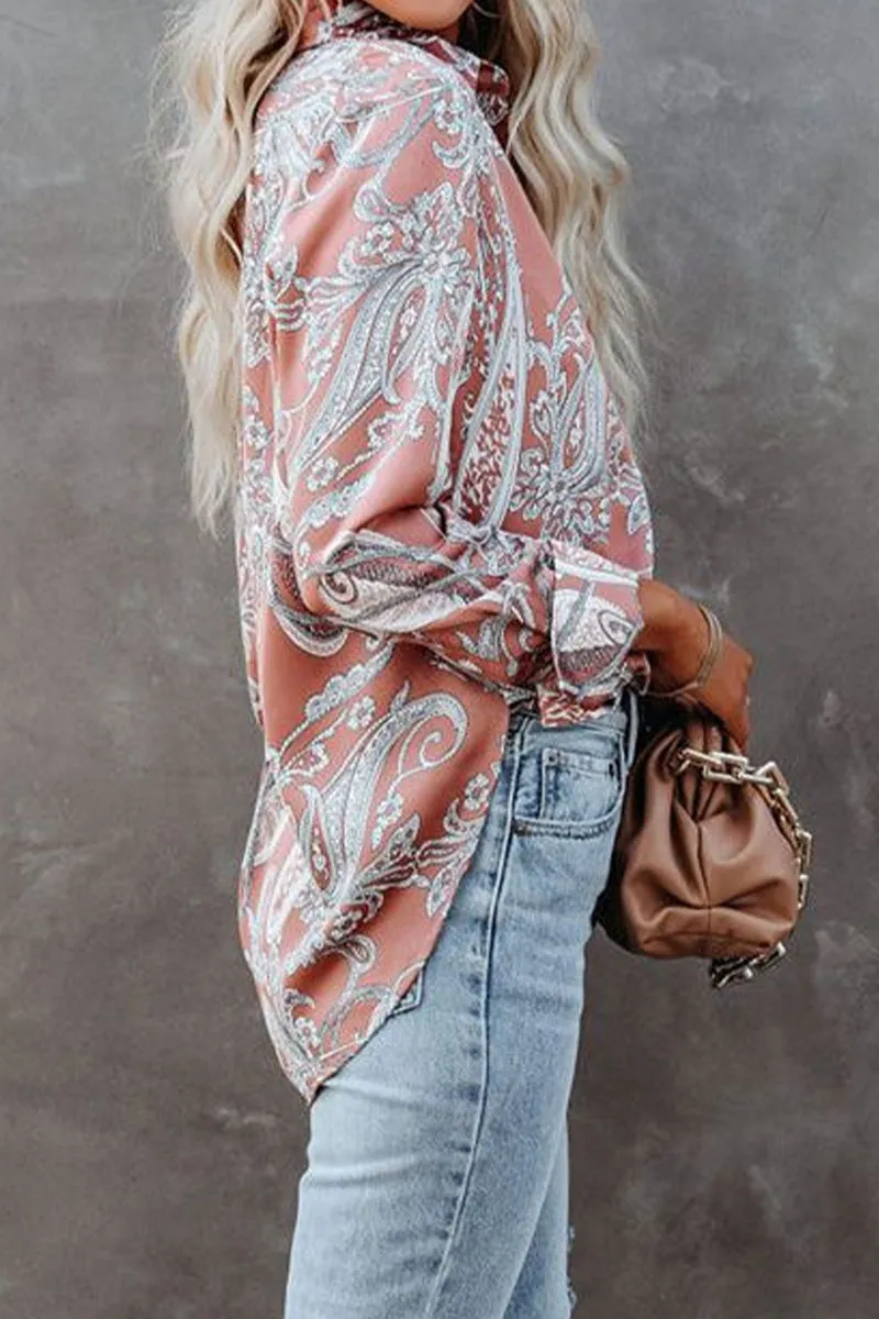 Bohemian Print Patchwork Printing Turndown Collar Tops