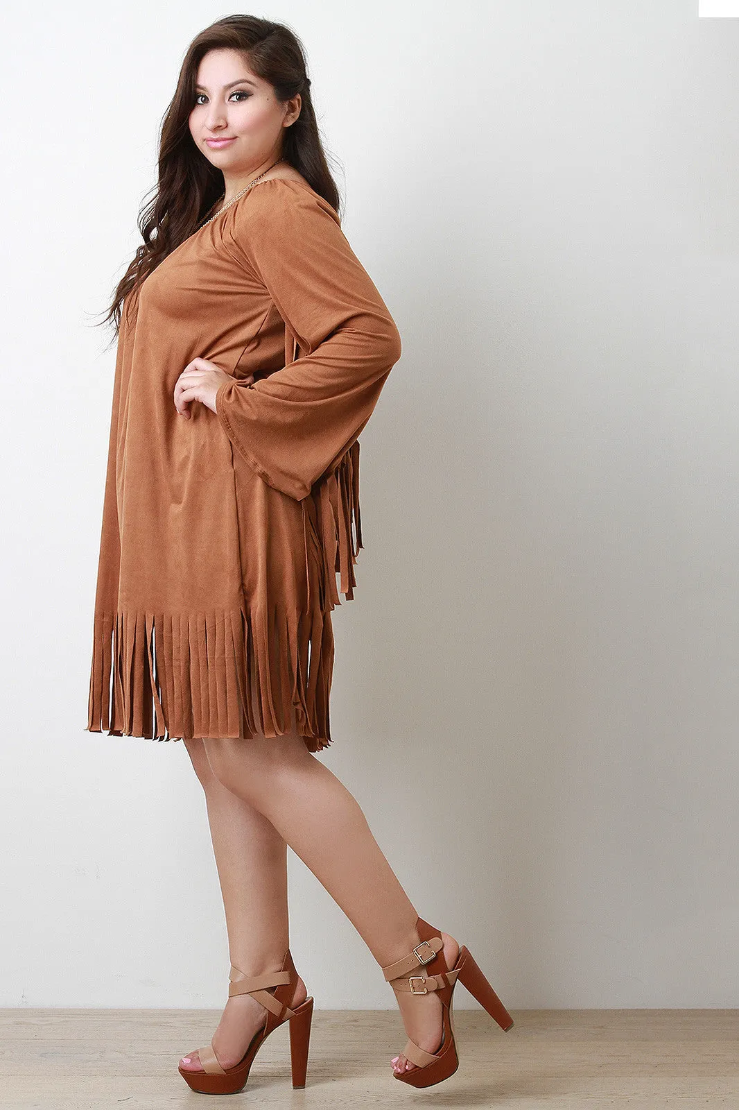 Bohemian Suede Long Sleeve Fringe Accents Mini Dress