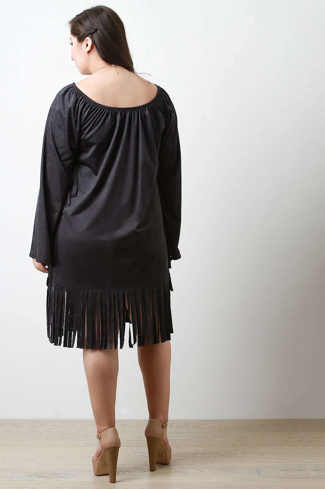 Bohemian Suede Long Sleeve Fringe Accents Mini Dress