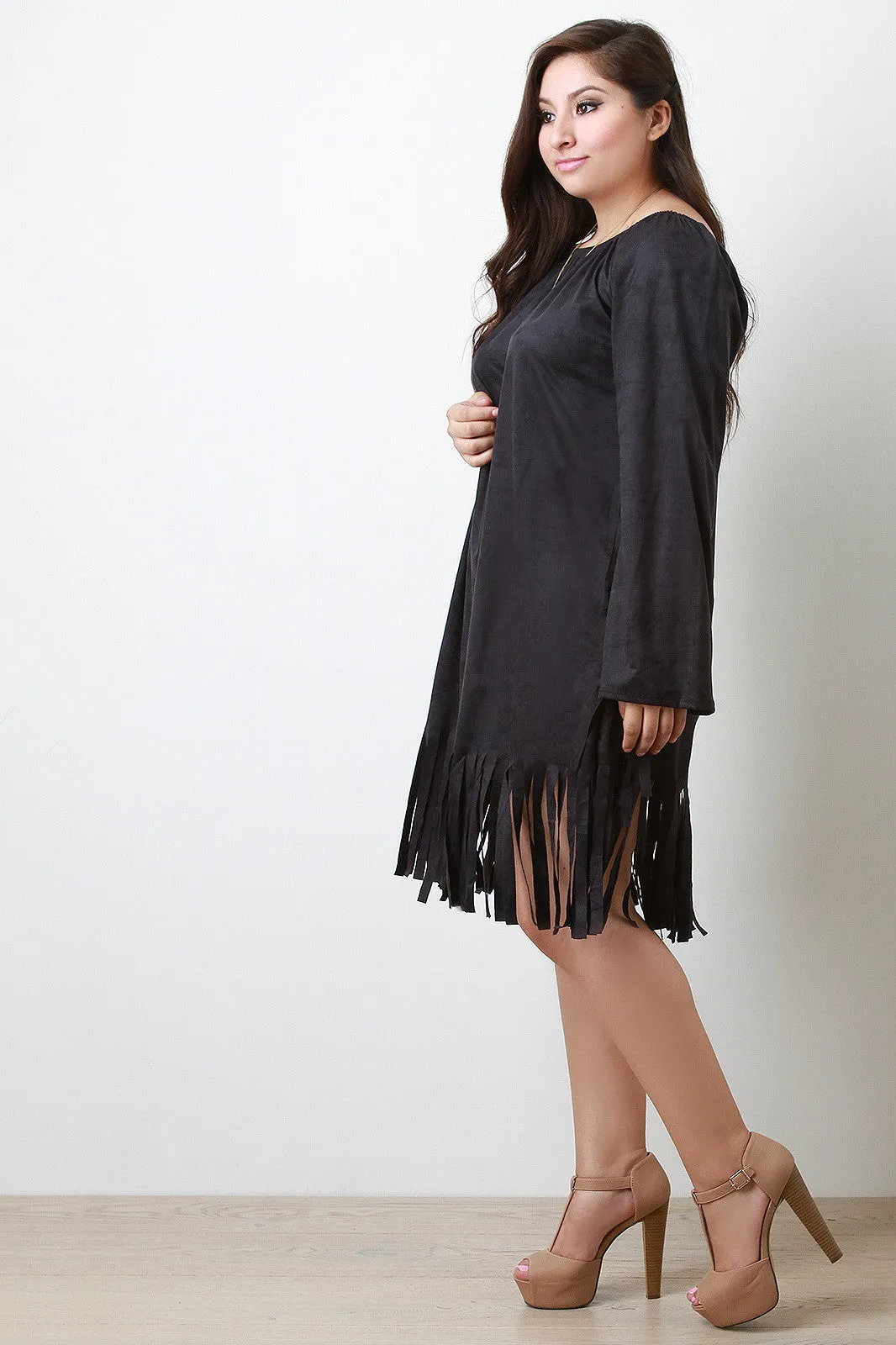 Bohemian Suede Long Sleeve Fringe Accents Mini Dress