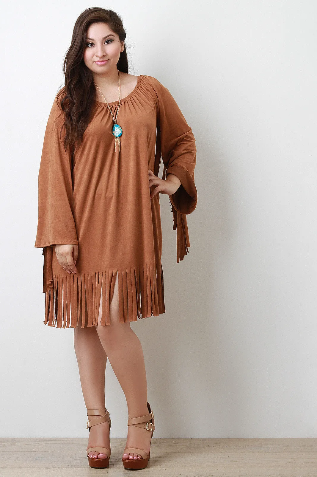 Bohemian Suede Long Sleeve Fringe Accents Mini Dress