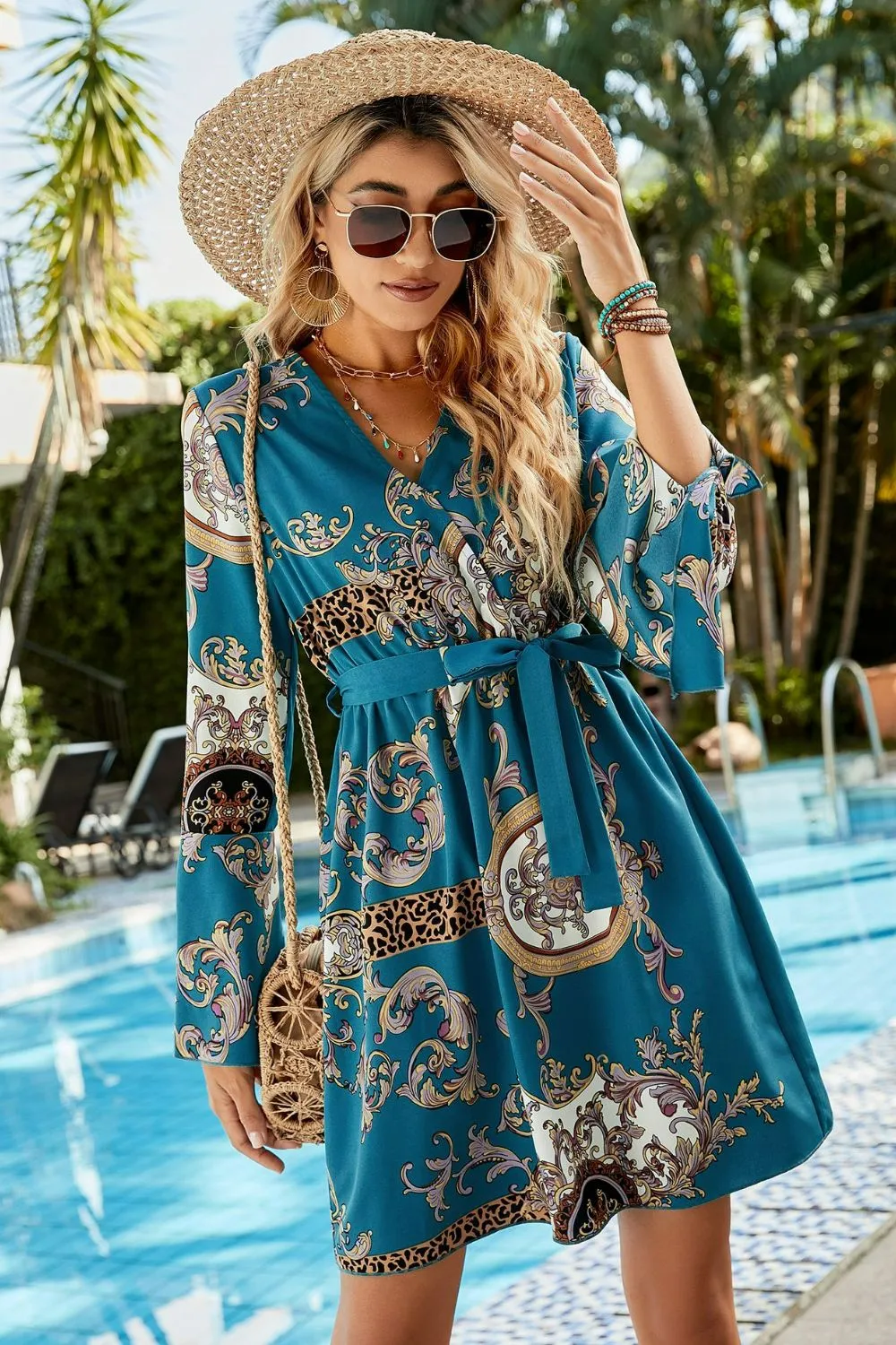 Bohemian Tie-Waist Flare Sleeve Surplice Dress