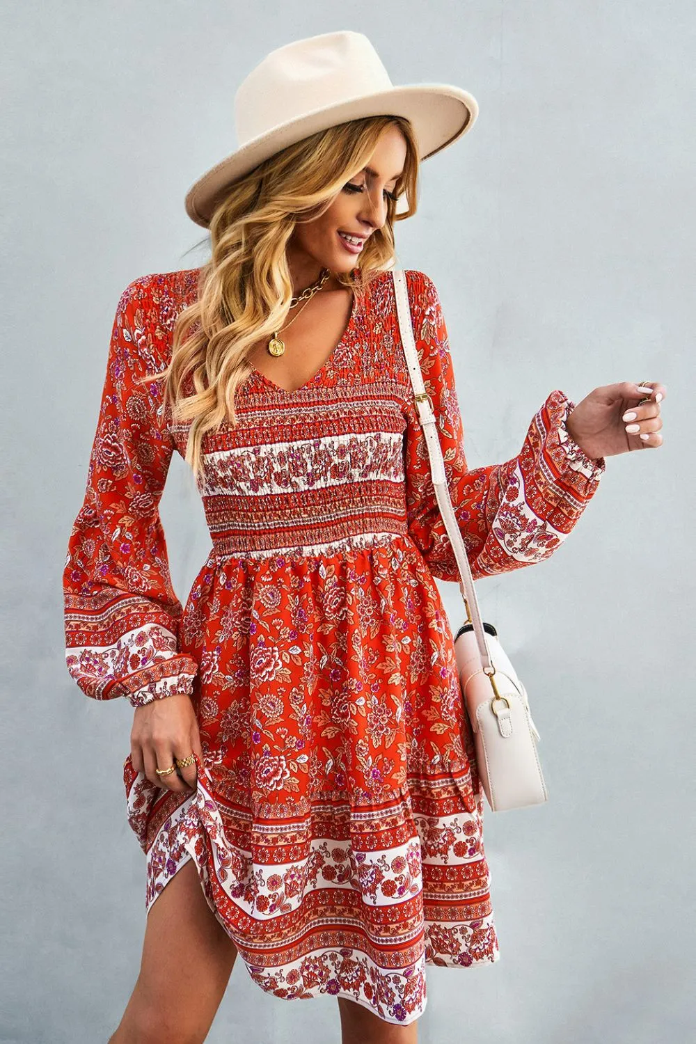 Bohemian V-Neck Balloon Sleeve Dress