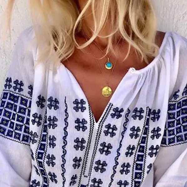 Bohemian V Neck Casual Plus Size Blouse Tops