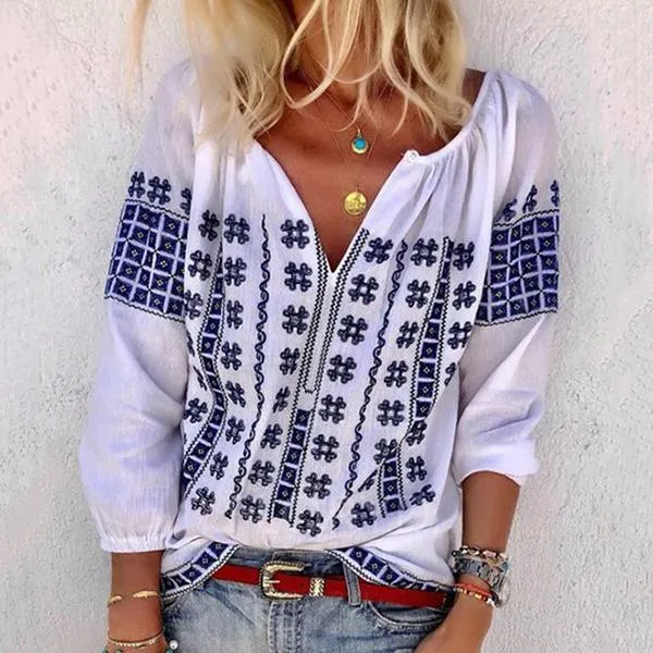 Bohemian V Neck Casual Plus Size Blouse Tops