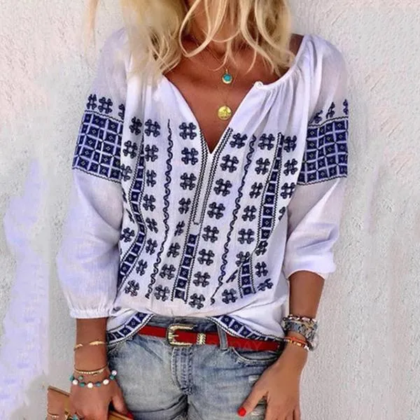 Bohemian V Neck Casual Plus Size Blouse Tops