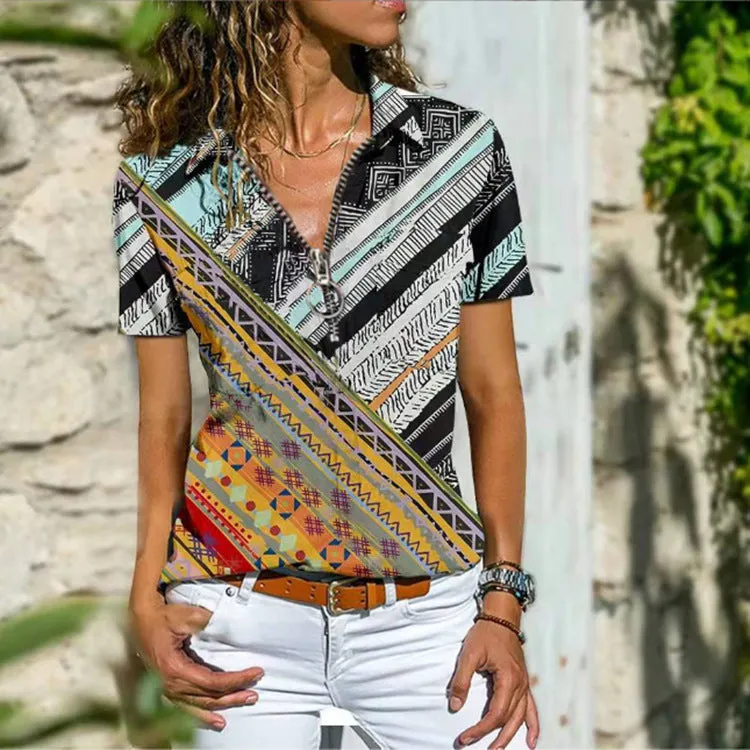 Bohemian West Ethnic Zip Short Sleeve T-Shirt