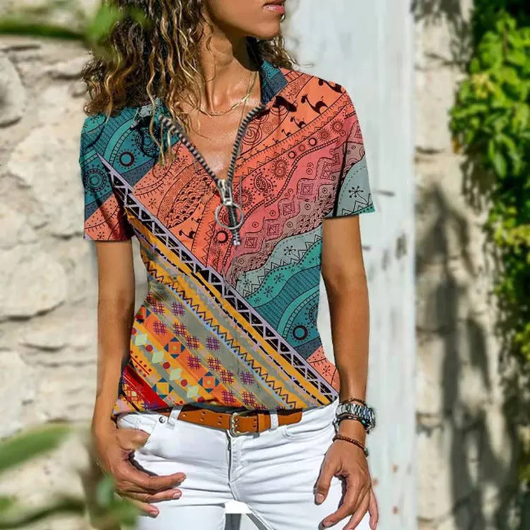 Bohemian West Ethnic Zip Short Sleeve T-Shirt