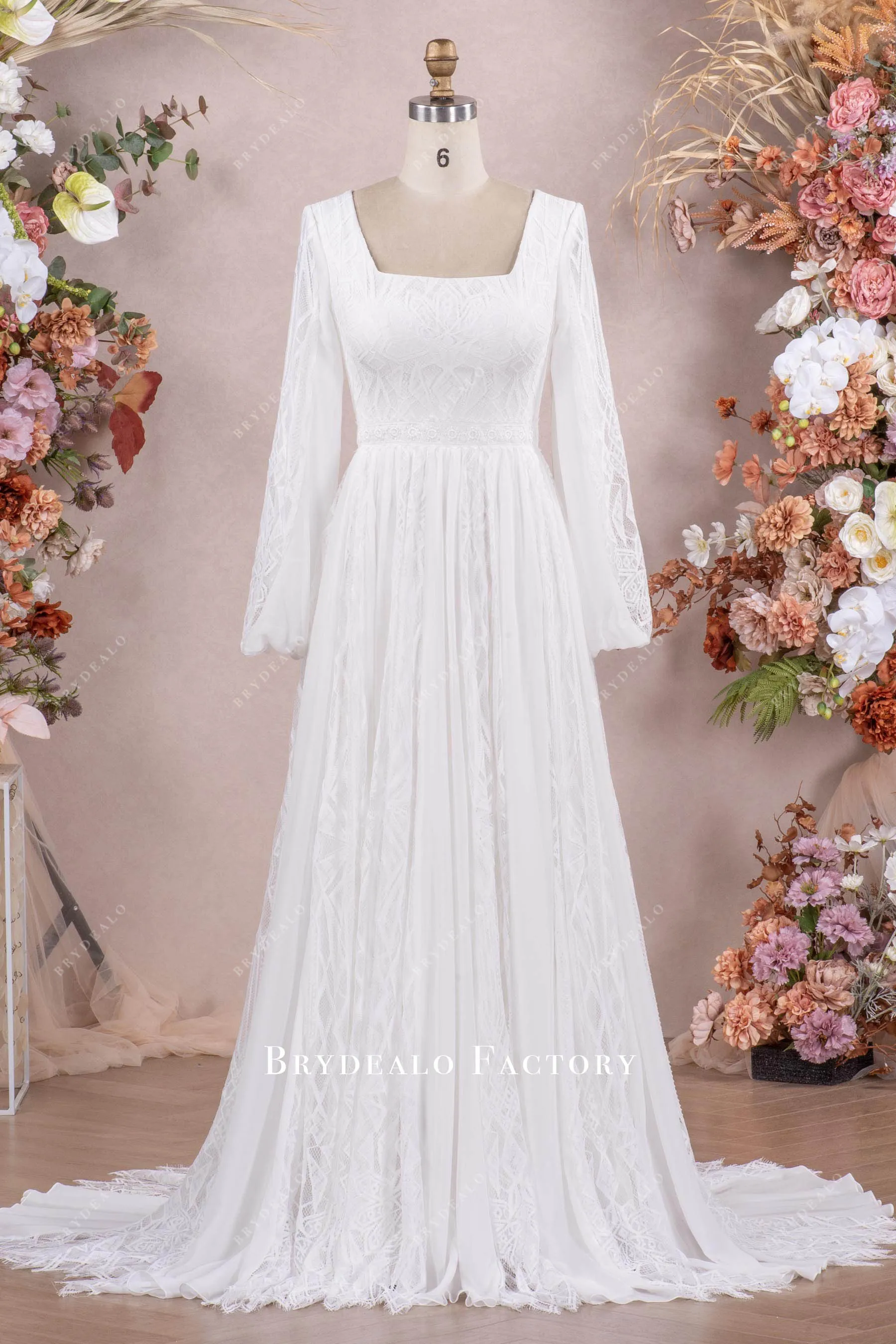 Boho Long Sleeve Lace Chiffon Square Neck Wedding Dress