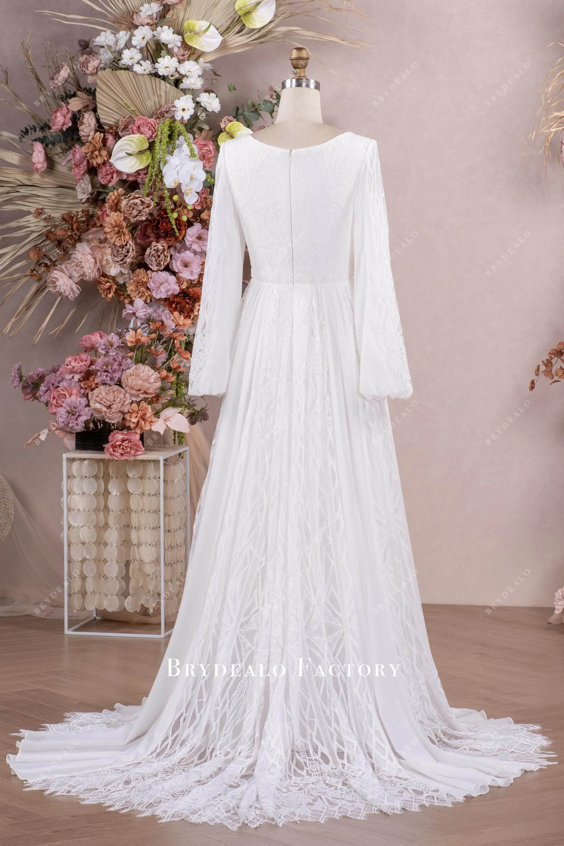 Boho Long Sleeve Lace Chiffon Square Neck Wedding Dress