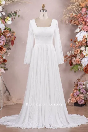 Boho Long Sleeve Lace Chiffon Square Neck Wedding Dress