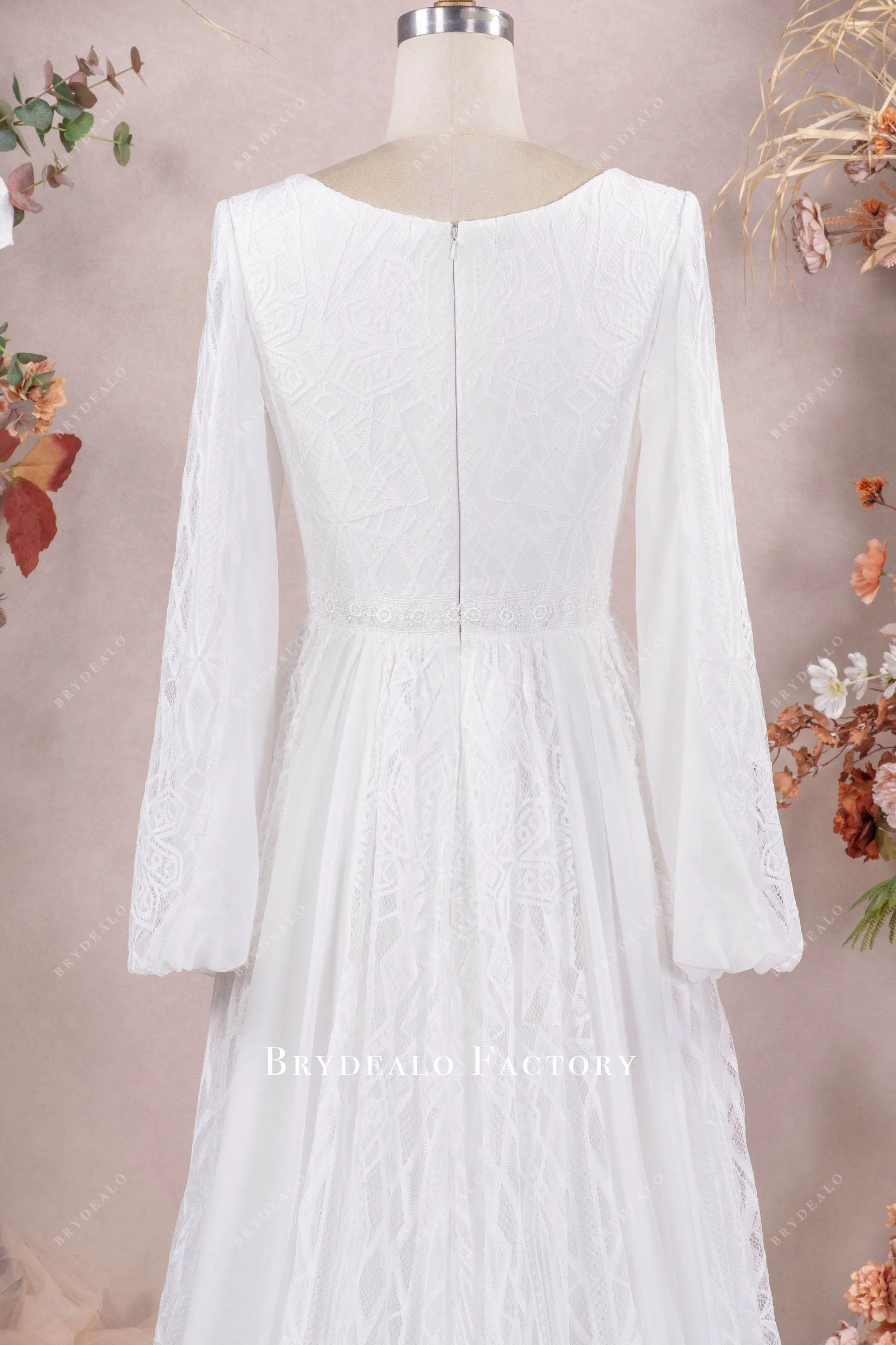 Boho Long Sleeve Lace Chiffon Square Neck Wedding Dress