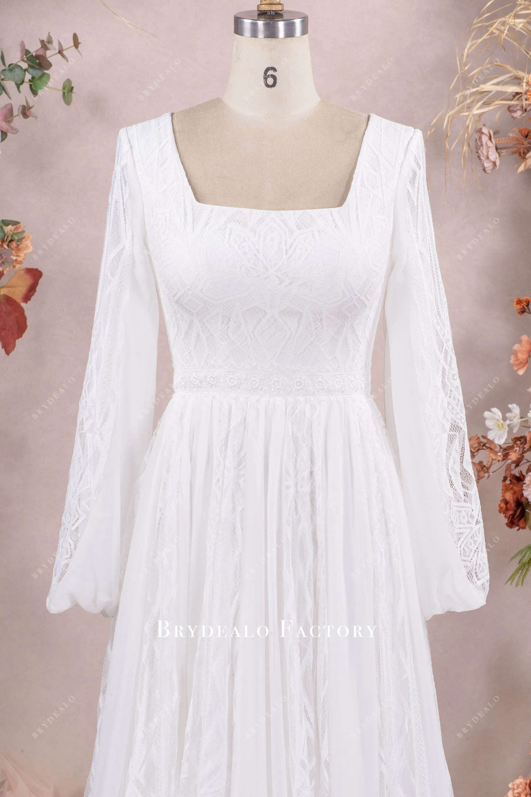 Boho Long Sleeve Lace Chiffon Square Neck Wedding Dress