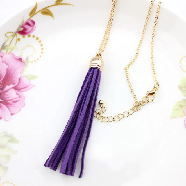 Boho Long Yellow Velvet Tassel Necklace Gold Plating Suede Tassel Pendant Necklace Fashion Women Long Necklace