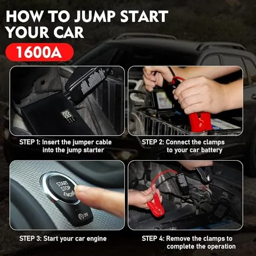 BooKoo Jump Starter 2000A Peak, Car Battery Jump Starter Portable,12V Jump Start Battery Pack(up to 8.0L Gas/6.5L Diesel Engine), 74Wh Portable Car Jump Starter with Wall Charger/USB Cable/LED Light