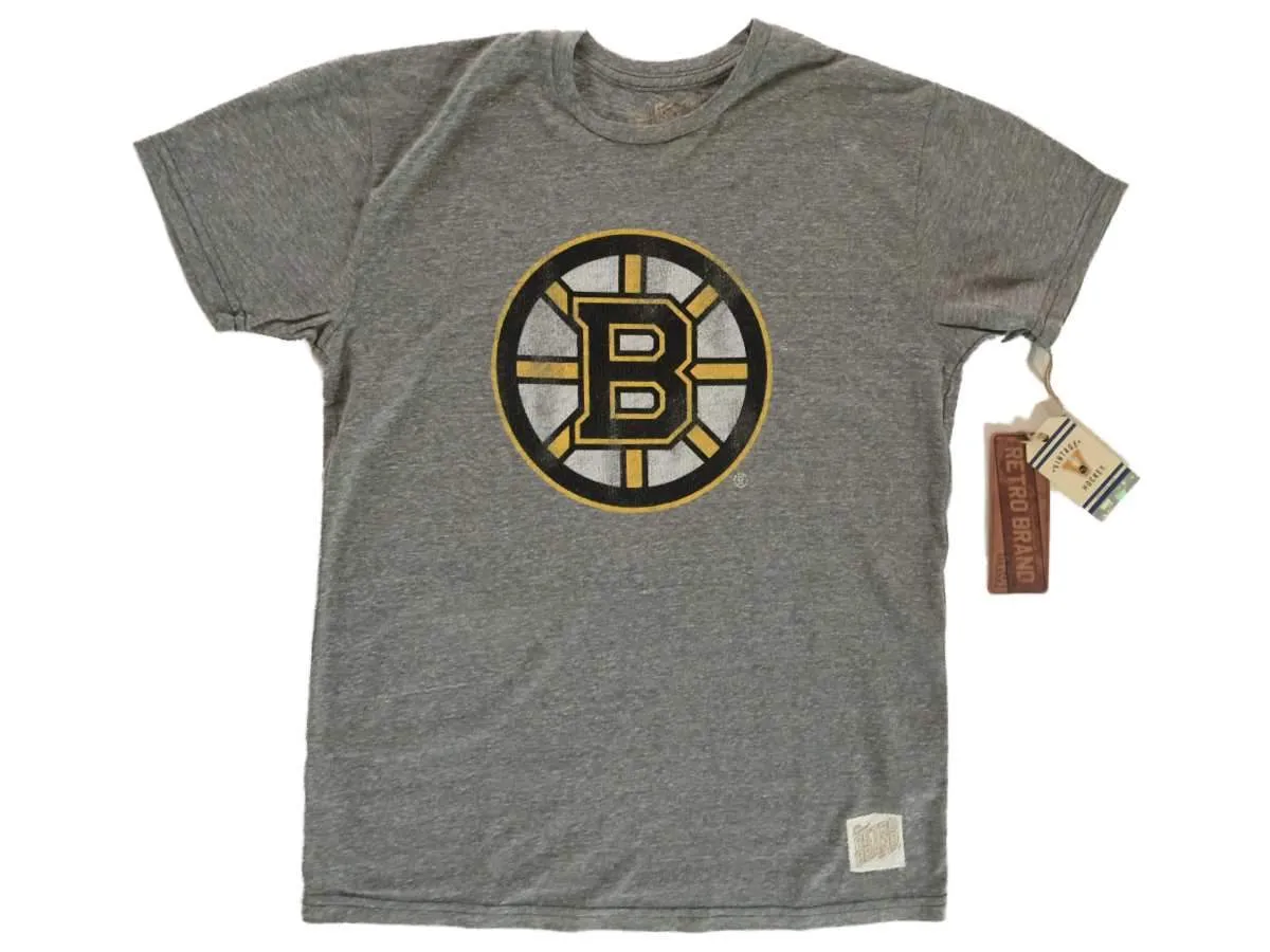 Boston Bruins Retro Brand Gray Filled Hub Logo Vintage Tri-Blend T-Shirt