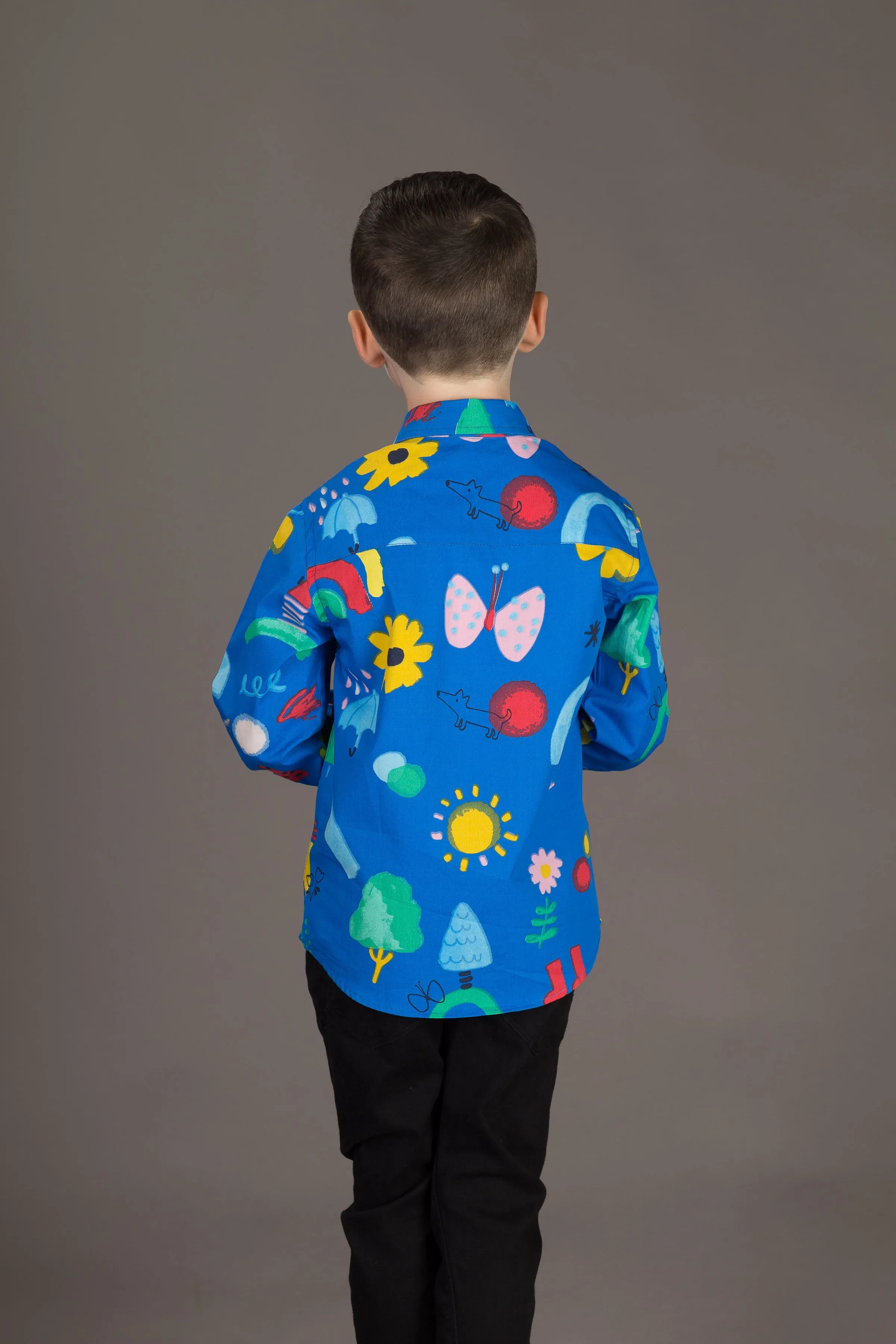 Boys Cotton Blue Rainbow Print Long Sleeve Shirt