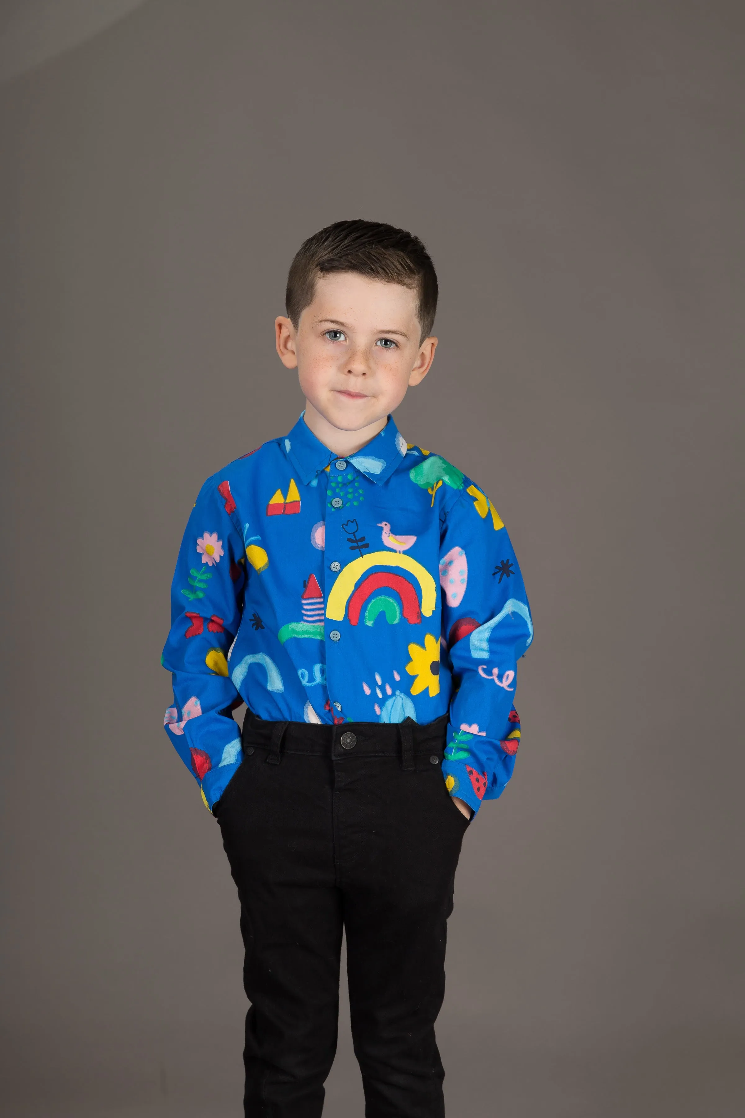 Boys Cotton Blue Rainbow Print Long Sleeve Shirt