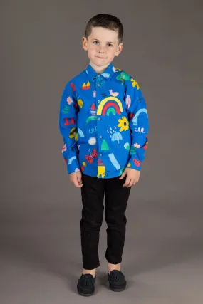 Boys Cotton Blue Rainbow Print Long Sleeve Shirt