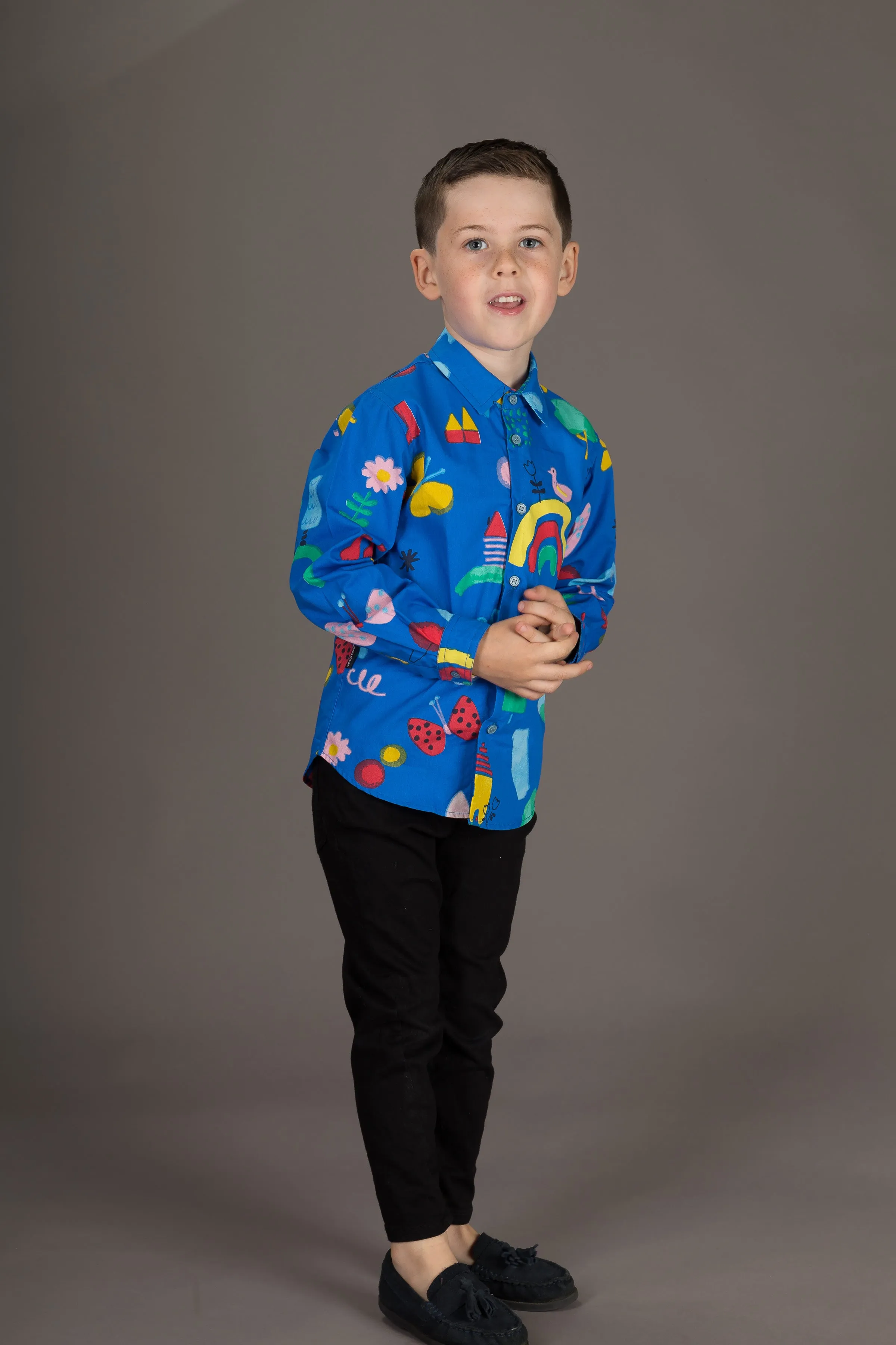 Boys Cotton Blue Rainbow Print Long Sleeve Shirt