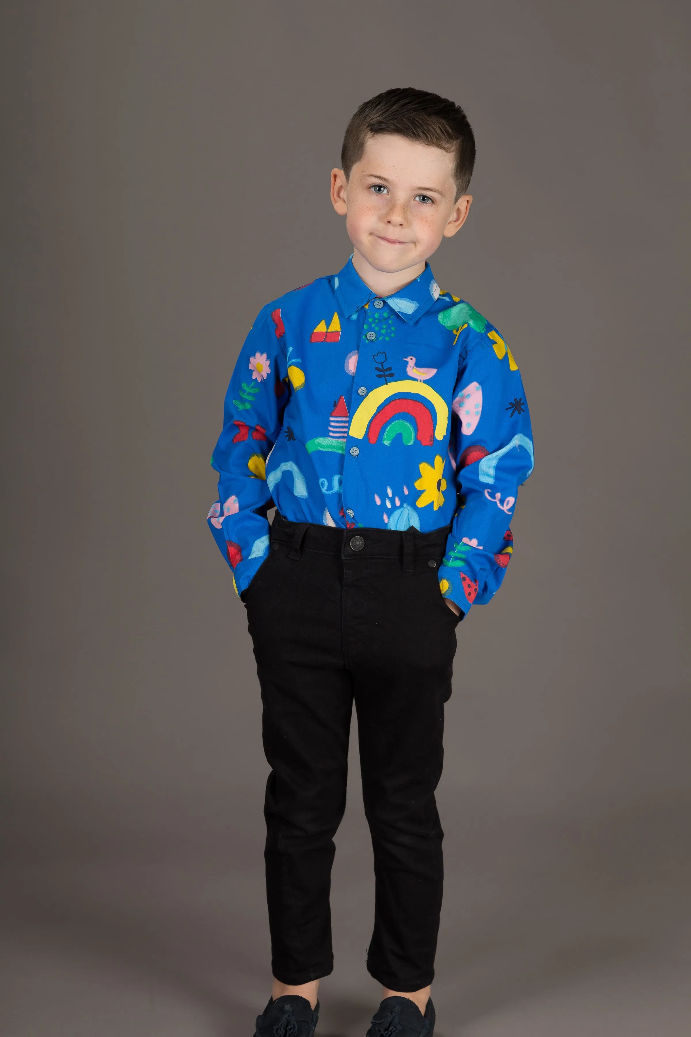 Boys Cotton Blue Rainbow Print Long Sleeve Shirt