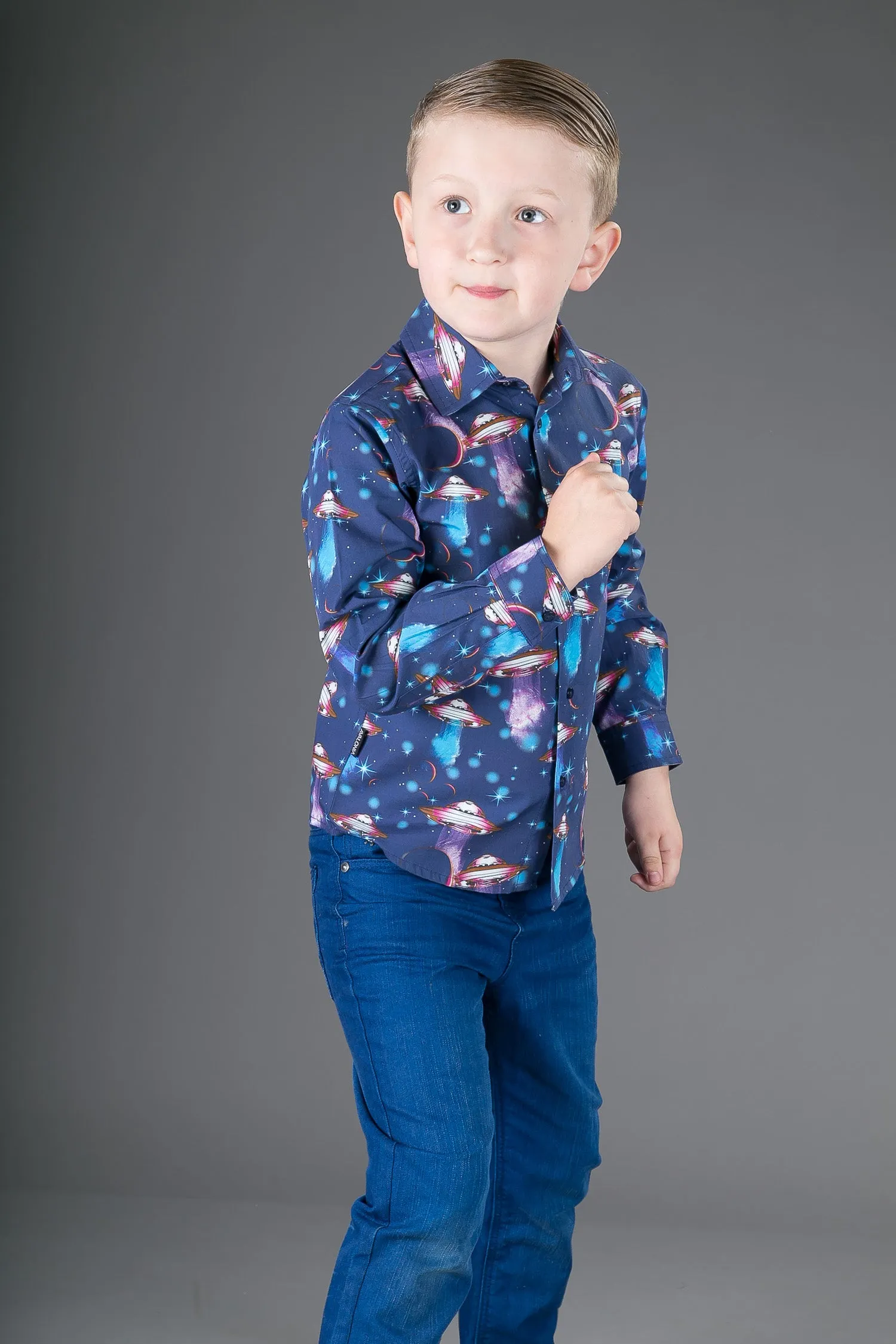 Boys Cotton Blue Spaceships Long Sleeve Shirt