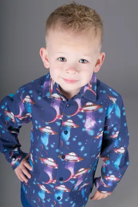 Boys Cotton Blue Spaceships Long Sleeve Shirt