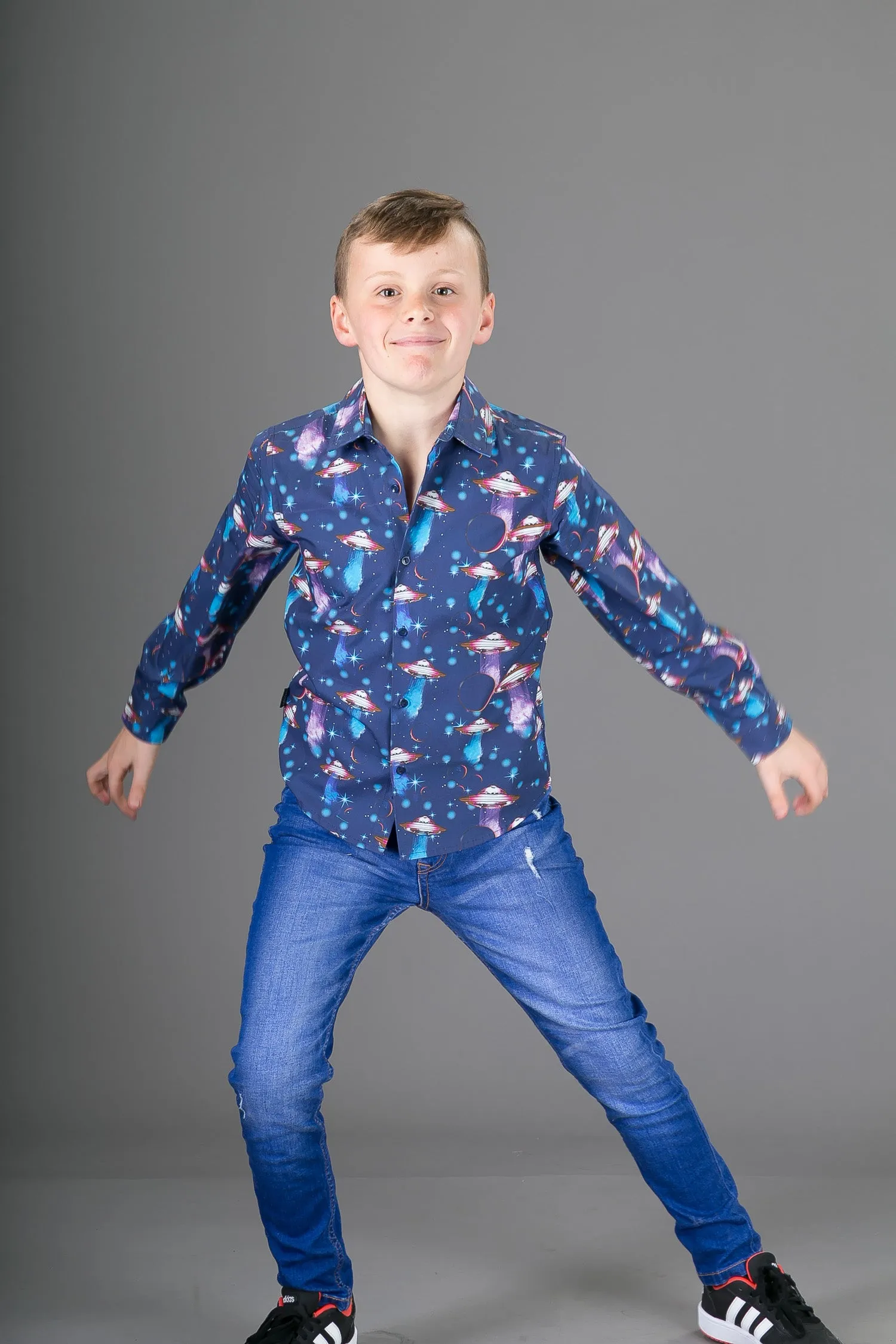 Boys Cotton Blue Spaceships Long Sleeve Shirt