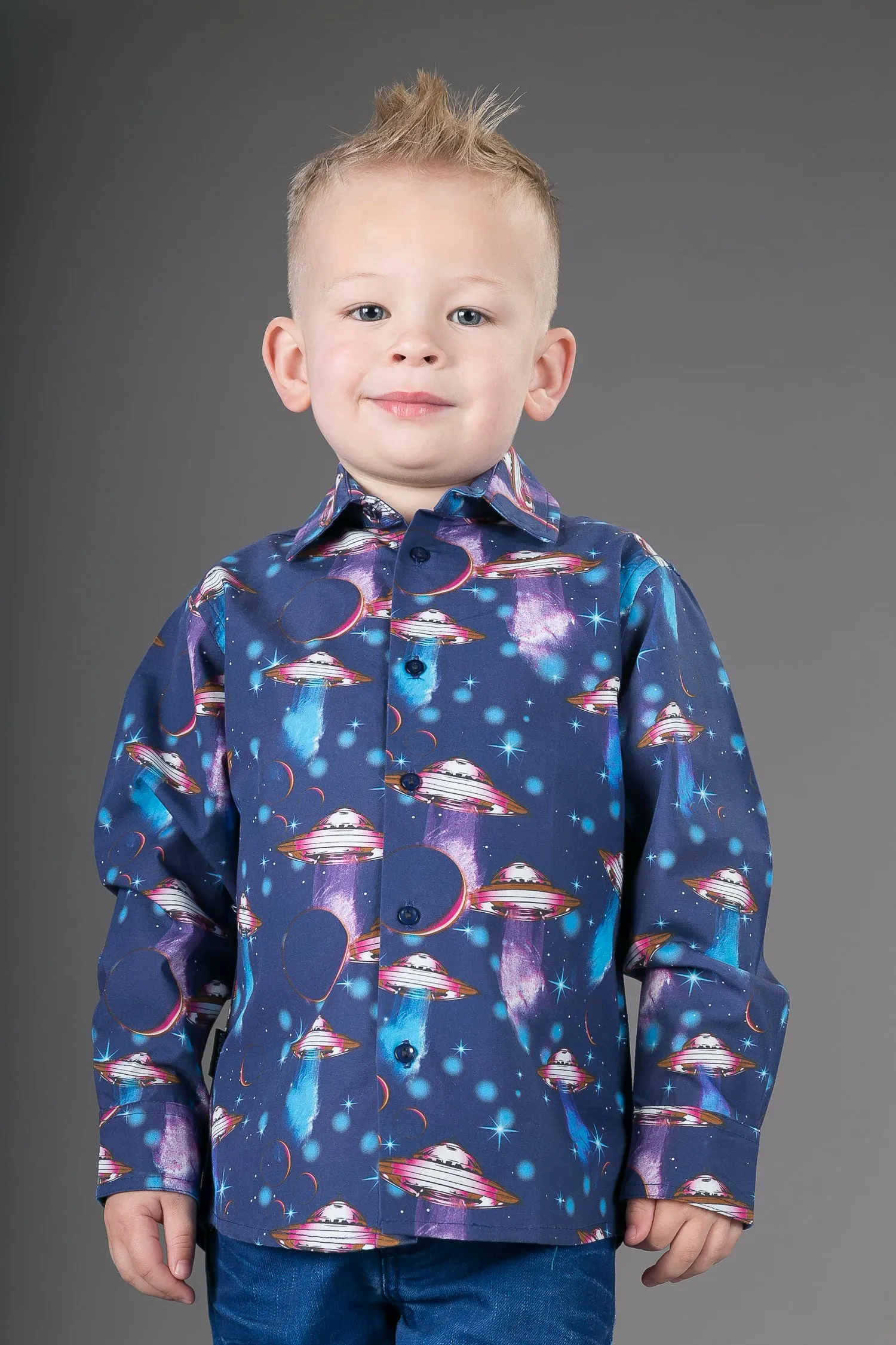 Boys Cotton Blue Spaceships Long Sleeve Shirt