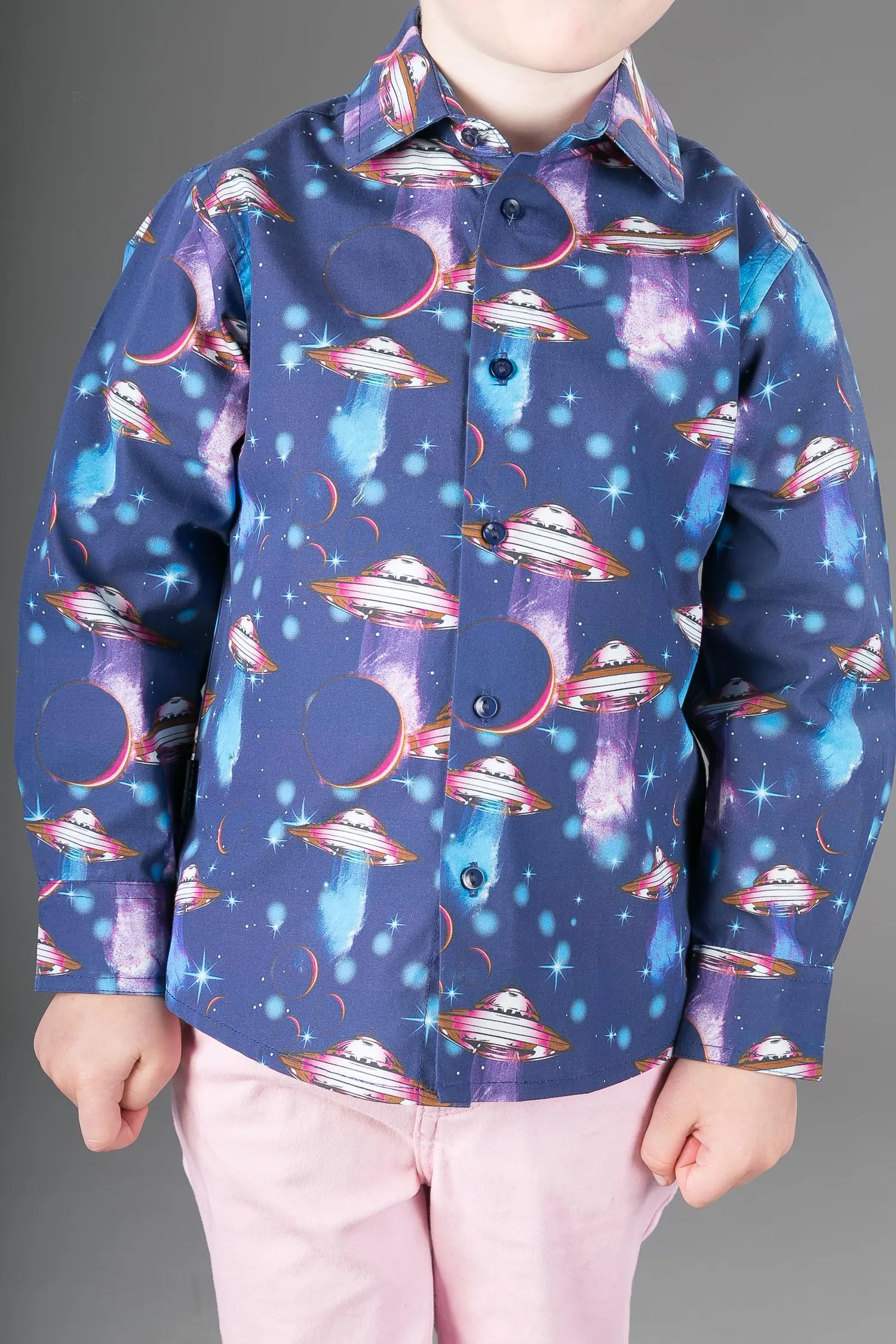 Boys Cotton Blue Spaceships Long Sleeve Shirt