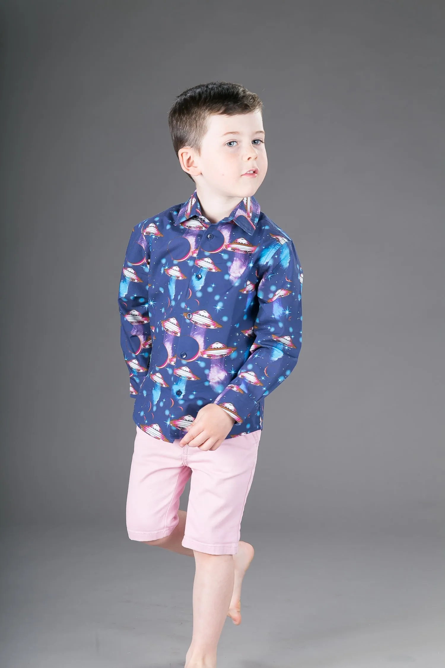 Boys Cotton Blue Spaceships Long Sleeve Shirt