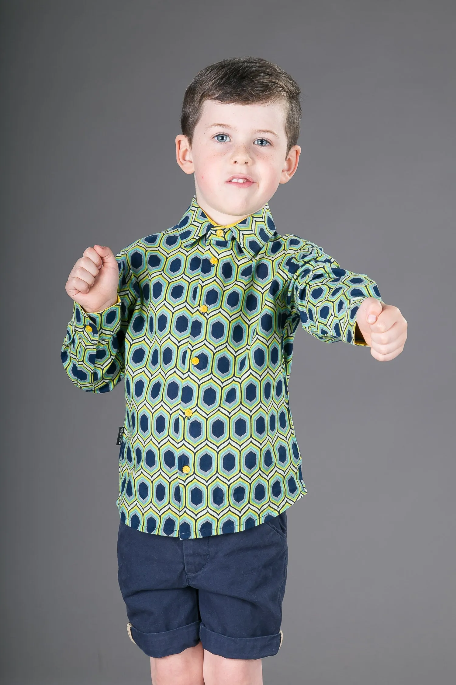 Boys Cotton Blue Yellow Long Sleeve Shirt