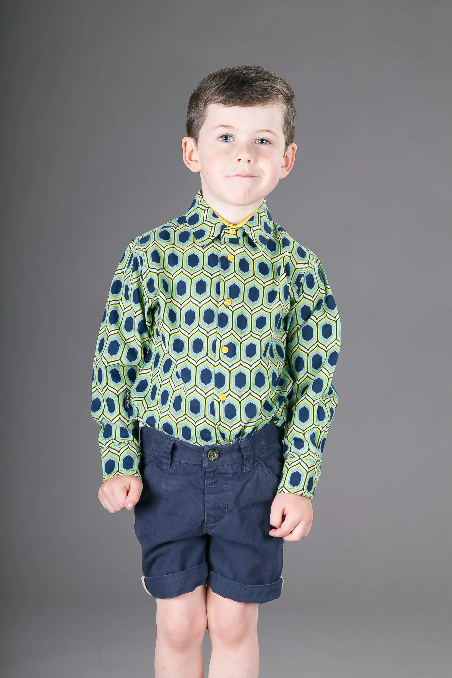 Boys Cotton Blue Yellow Long Sleeve Shirt