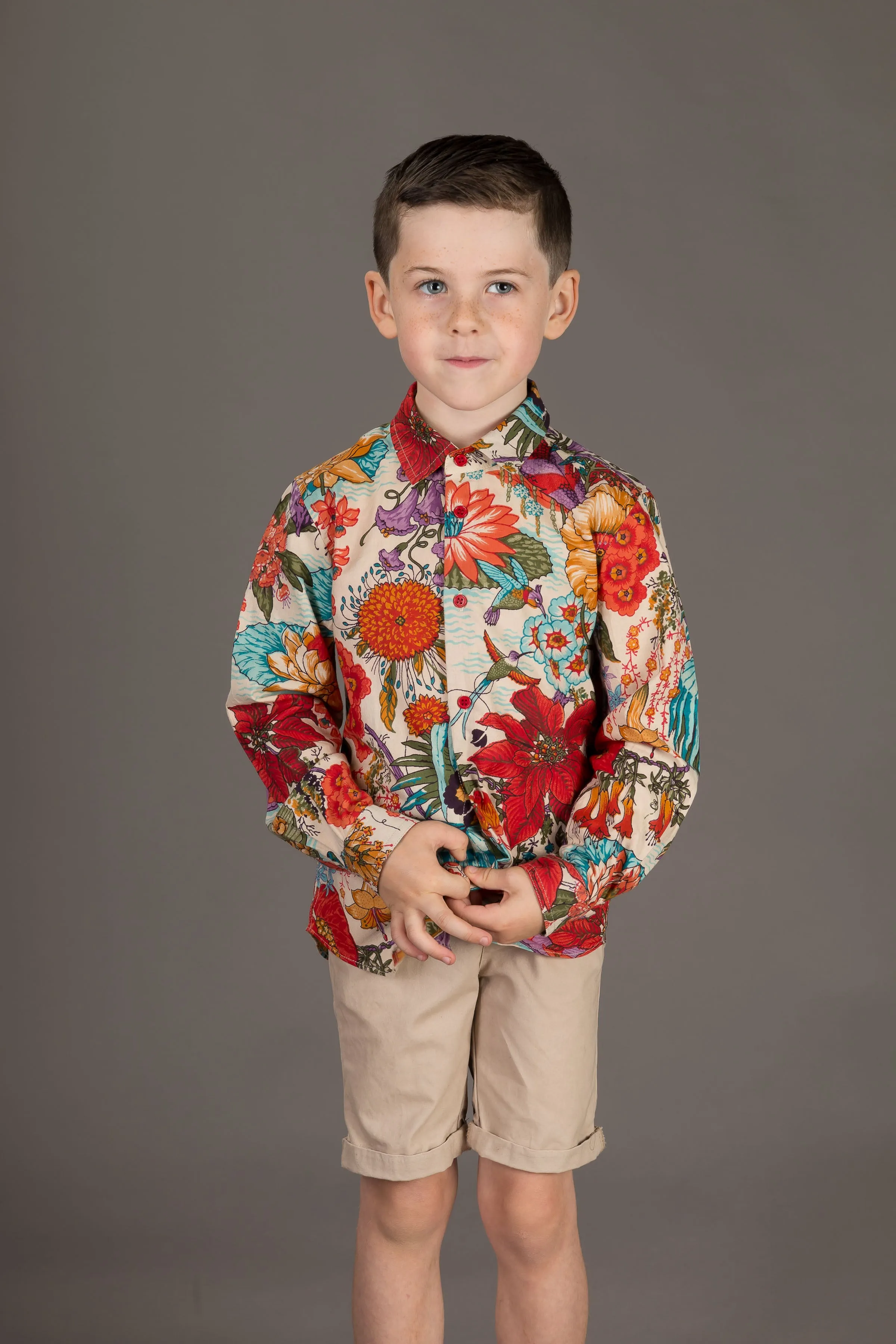 Boys Cotton Floral Print Long Sleeve Shirt