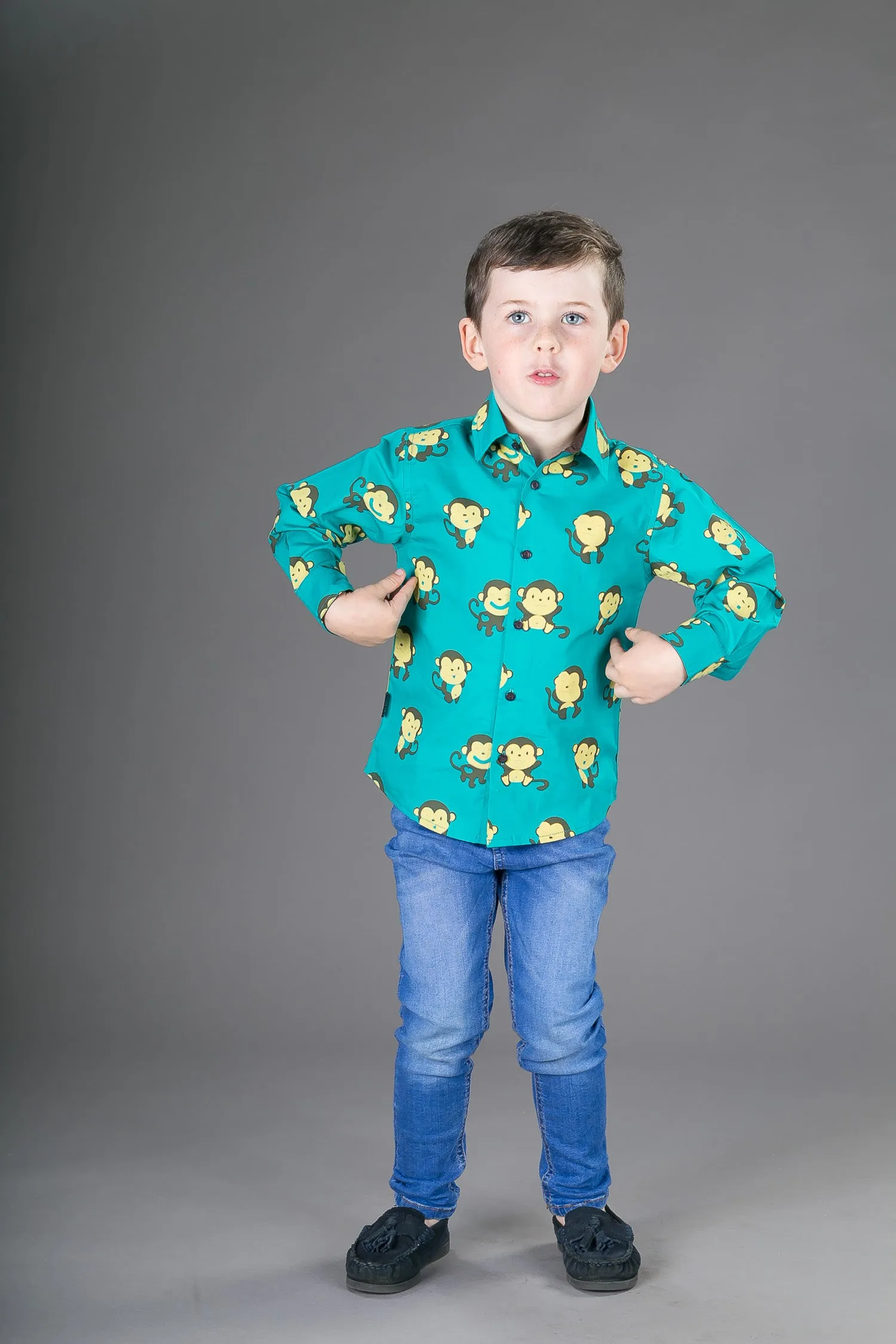 Boys Cotton Green Monkey Long Sleeve Shirt